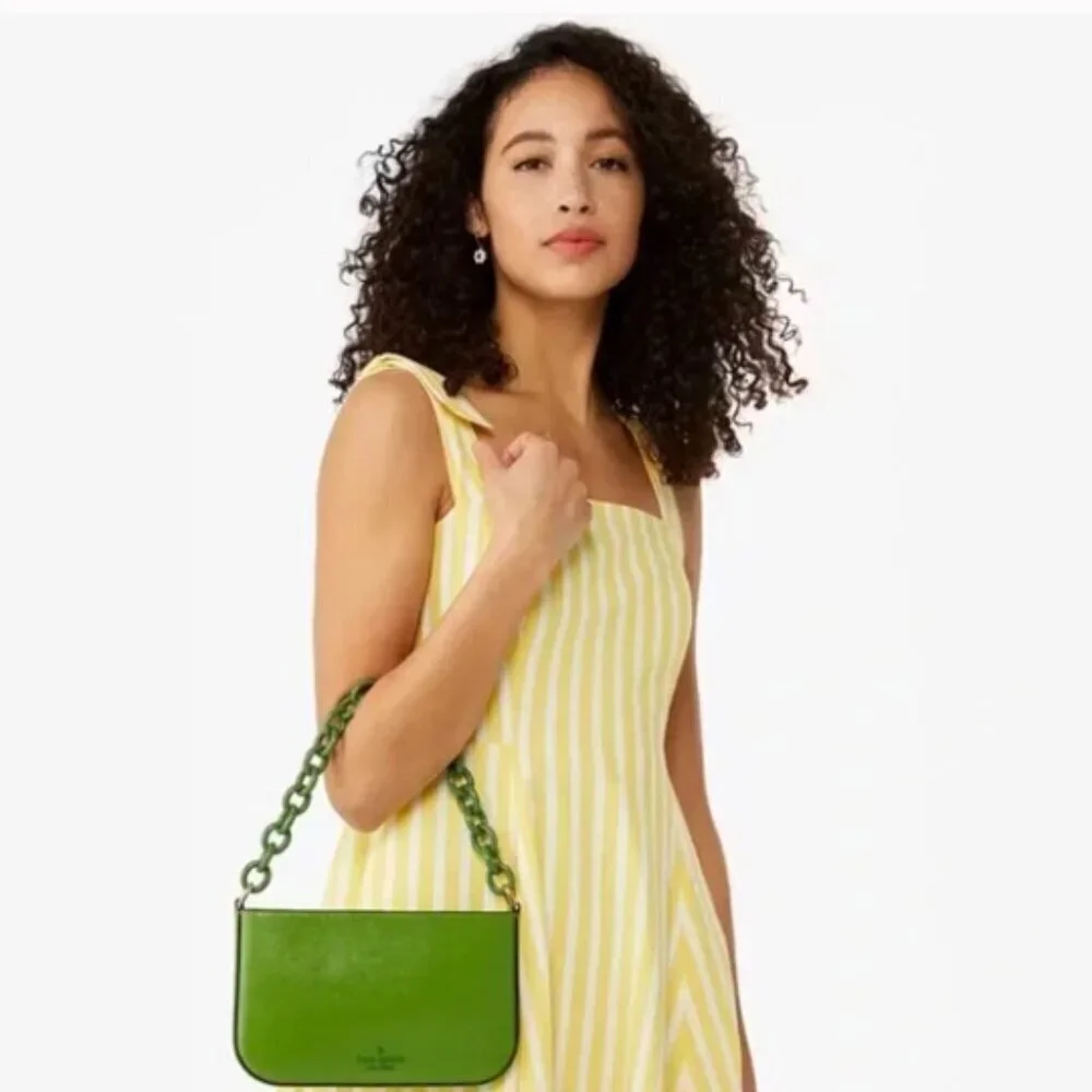 Kate Spade Madison Saffiano Pochette Bag + Card Holder Resin Chain Turtle Green